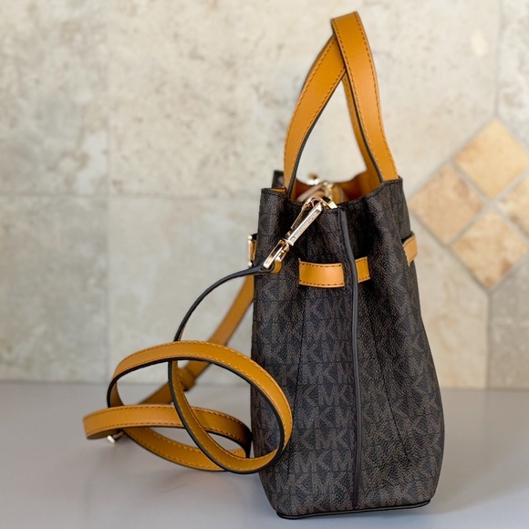 Michael Kors Emilia SM Satchel Shoulder Bag MK Brown/Yellow - Picture 6 of 13